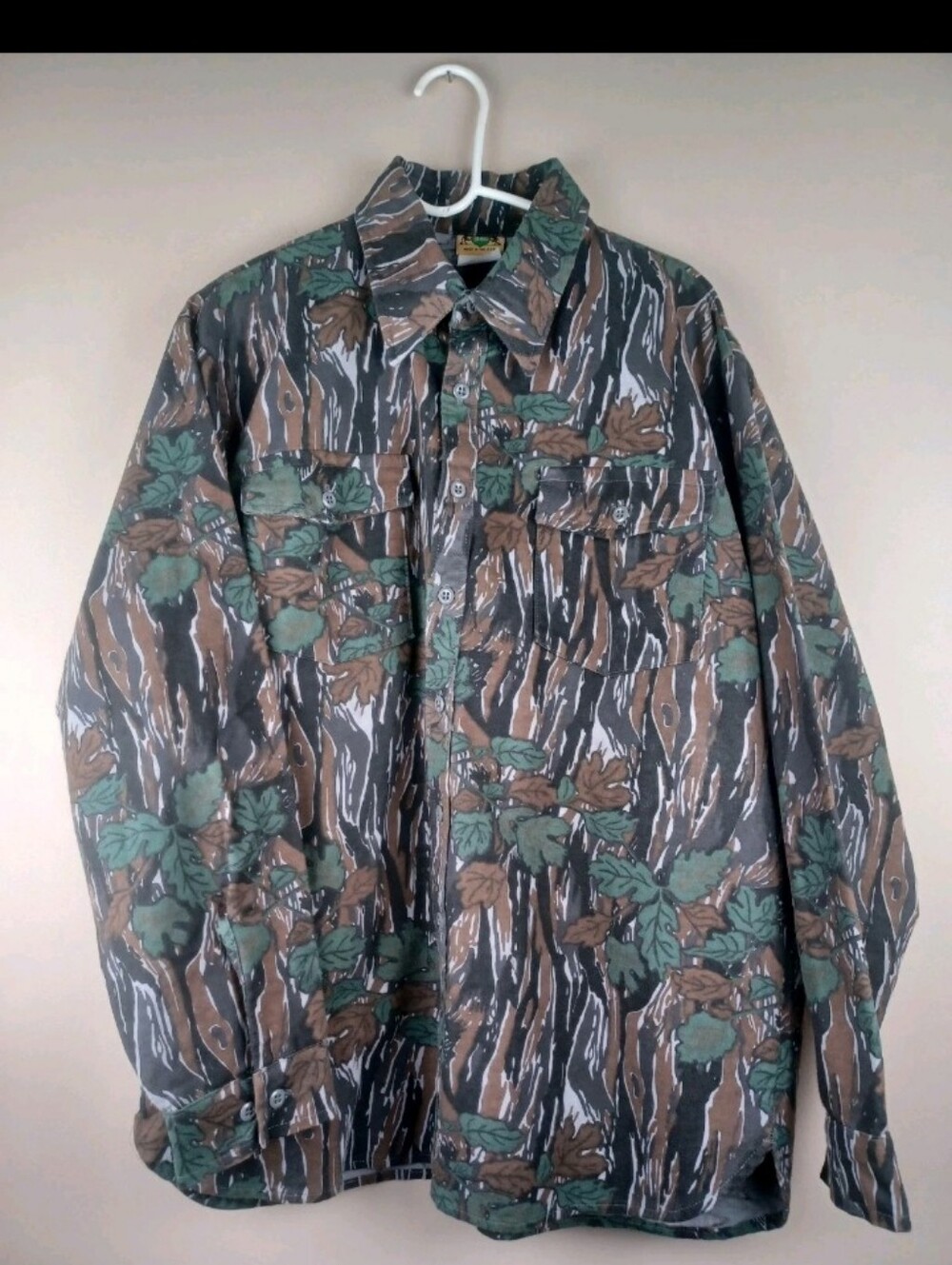 Vintage Ideal Camouflage Button Up Long Sleeve Hunting Shirt Brown Green XL USA